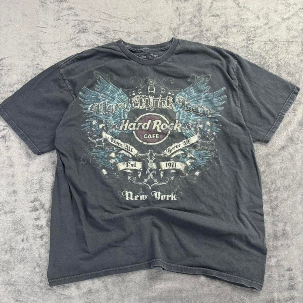 Vintage Hard Rock Cafe New York Wings Graphic Tee XL Faded Black Y2K Grunge